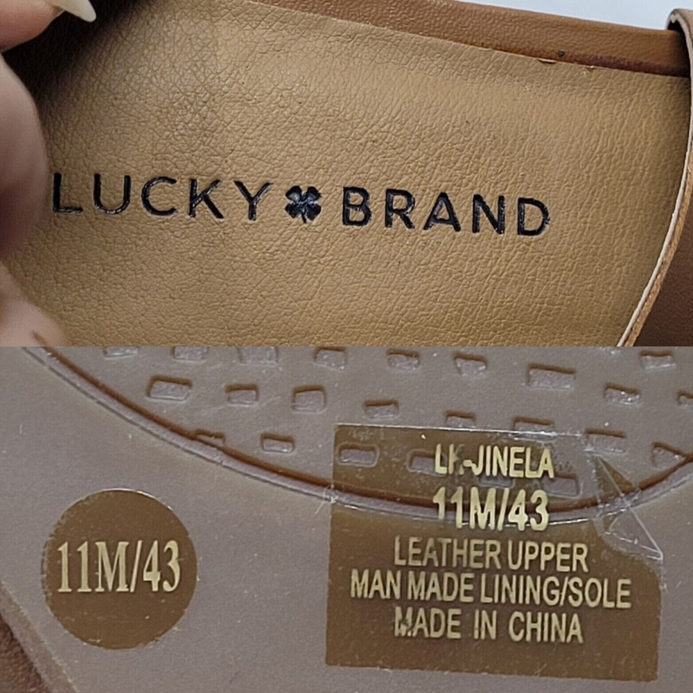 Lucky Brand Jinela Leather Strappy Wedge Sandals 11 Tan Wood Stacked Ankle Strap - Picture 2 of 11